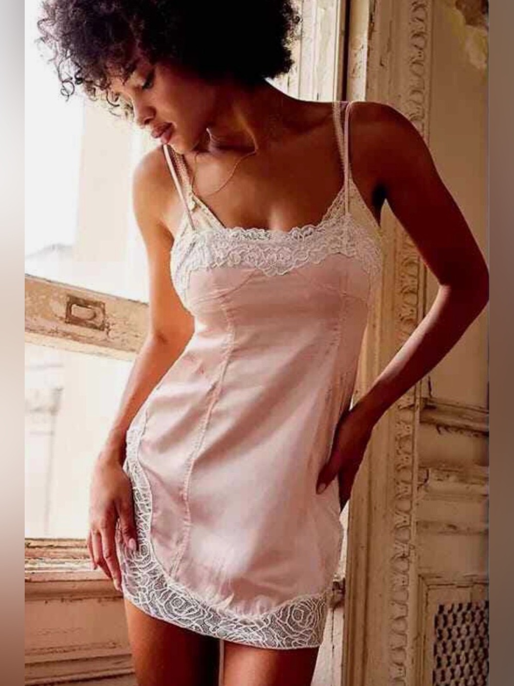 Free People Aries Pink Satin Slip Dress, Lace Trim. Coquette Size Small